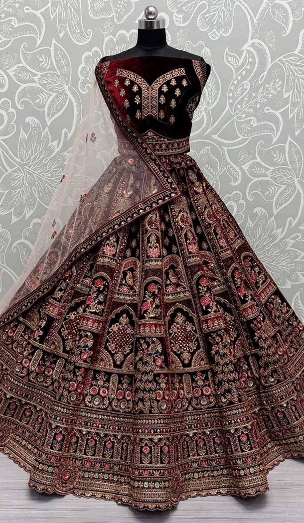 Maroon Velvet Sequence Embroidered Wedding Wear Lehenga Choli – 146931245