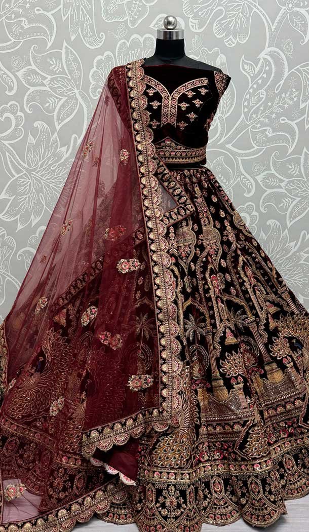 Velvet Sequence Embroidered Wedding Wear Lehenga Choli In Maroon – 146931247