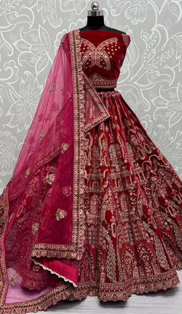 Pink Velvet Sequence Embroidered Wedding Wear Lehenga Choli – 146931248