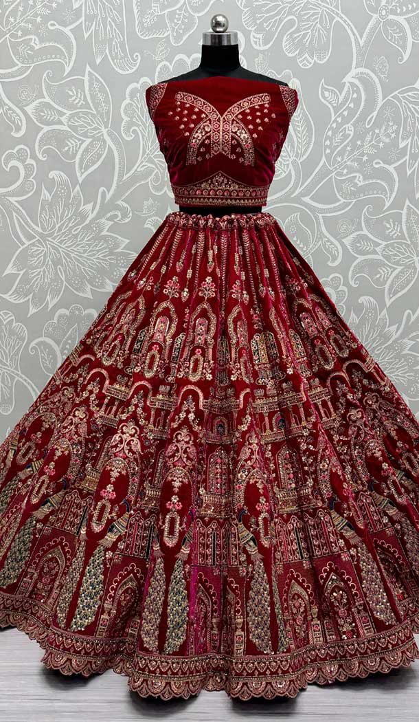 Pink Velvet Sequence Embroidered Wedding Wear Lehenga Choli – 146931248