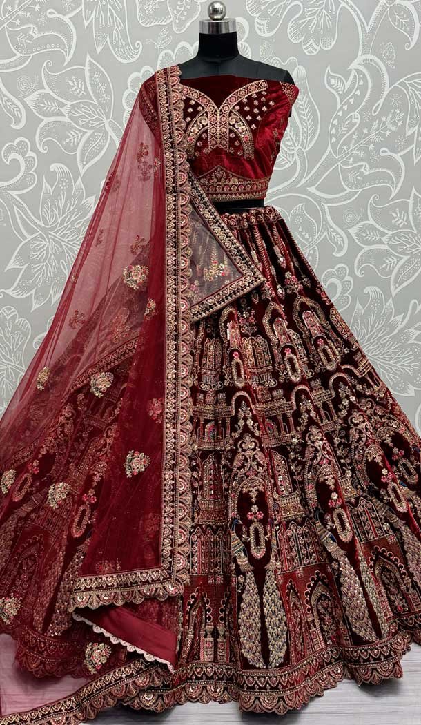 Velvet Sequence Embroidered Maroon Wedding Wear Lehenga Choli – 146931249