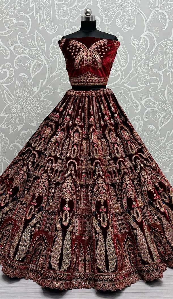 Velvet Sequence Embroidered Maroon Wedding Wear Lehenga Choli – 146931249