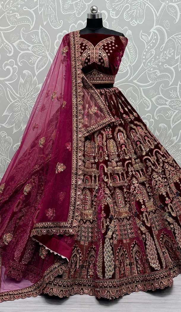 Purple Velvet Sequence Embroidered Wedding Wear Lehenga Choli – 146931250