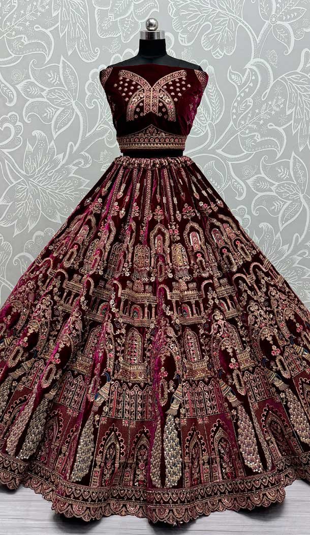 Purple Velvet Sequence Embroidered Wedding Wear Lehenga Choli – 146931250