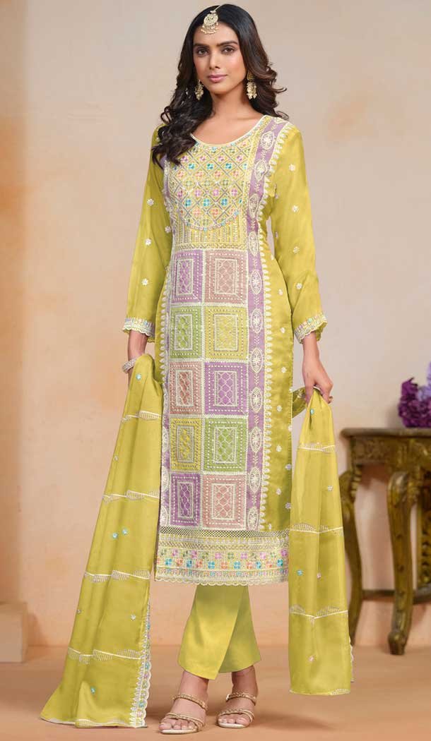 Organza Embroidered Party Wear Designer Salwar Suit In Yellow – 147541652