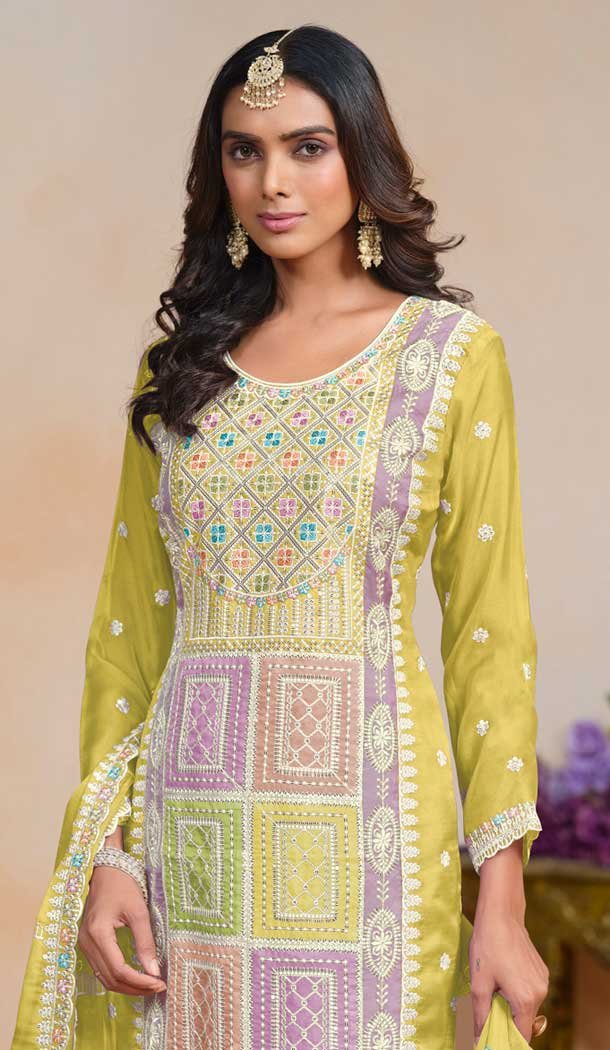 Organza Embroidered Party Wear Designer Salwar Suit In Yellow – 147541652