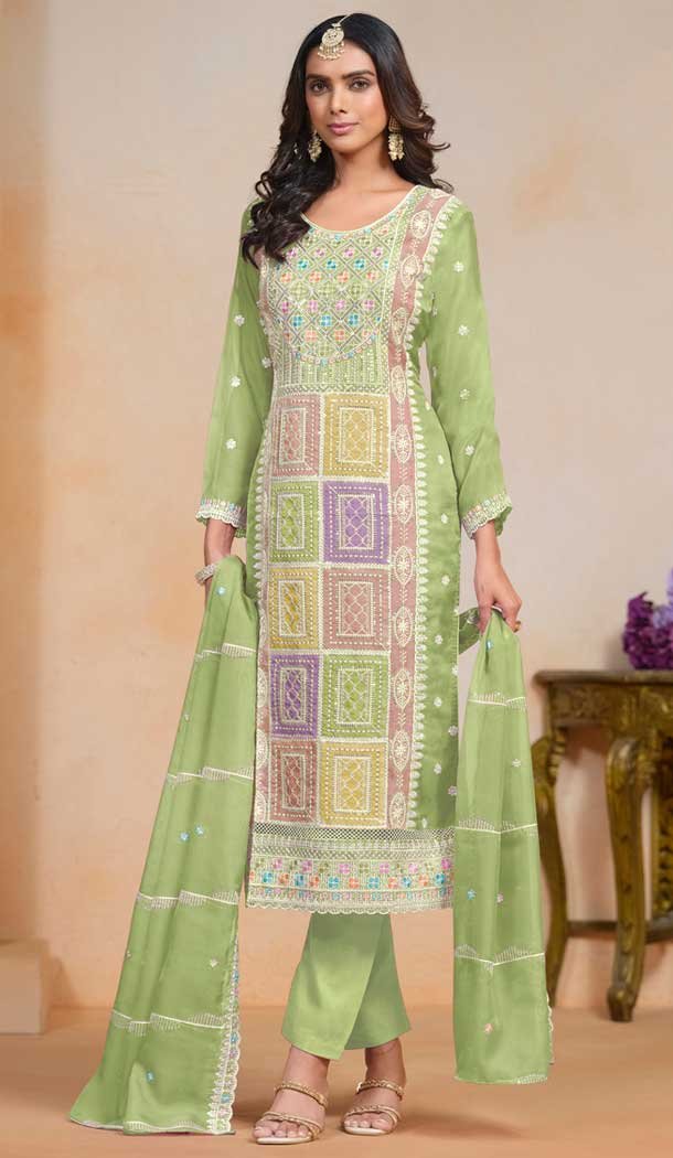 Organza Embroidered Party Wear Designer Salwar Suit In Green – 147541654