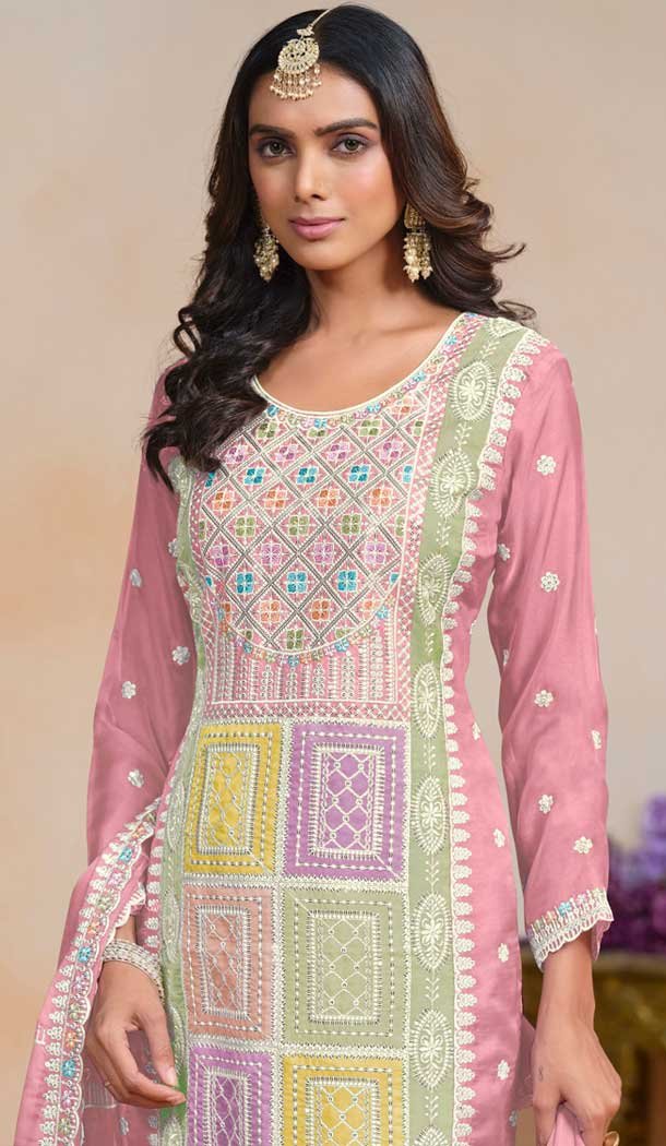 Organza Embroidered Party Wear Designer Salwar Suit In Pink – 147541655