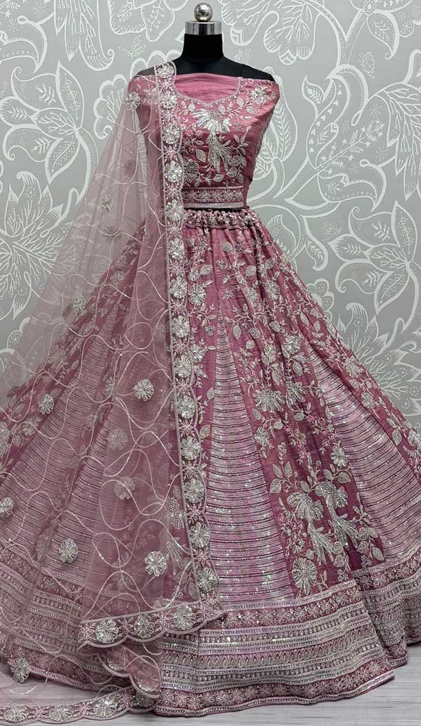 Gadwal Silk Thread Embroidered Wedding Lehenga Choli In Pink – 147731759