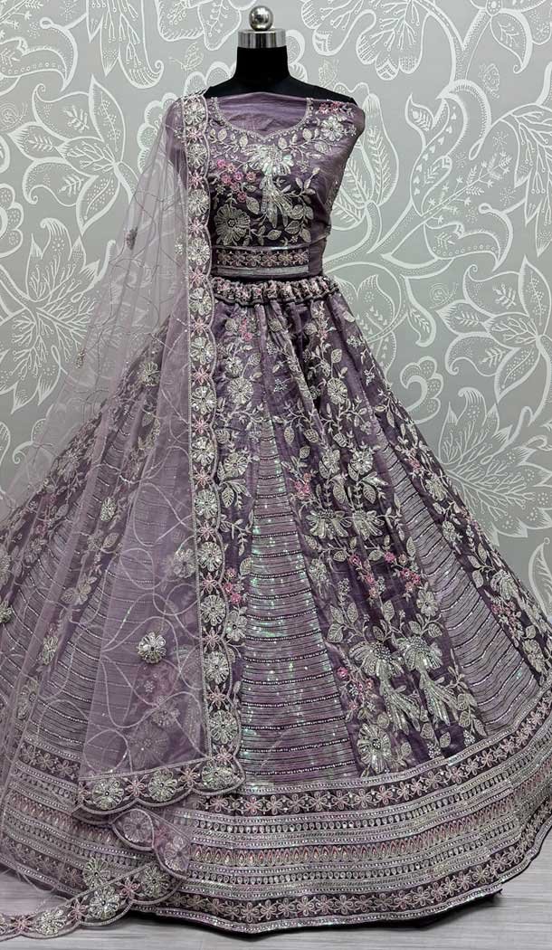 Gadwal Silk Thread Embroidered Wedding Lehenga Choli In Grey – 147731760