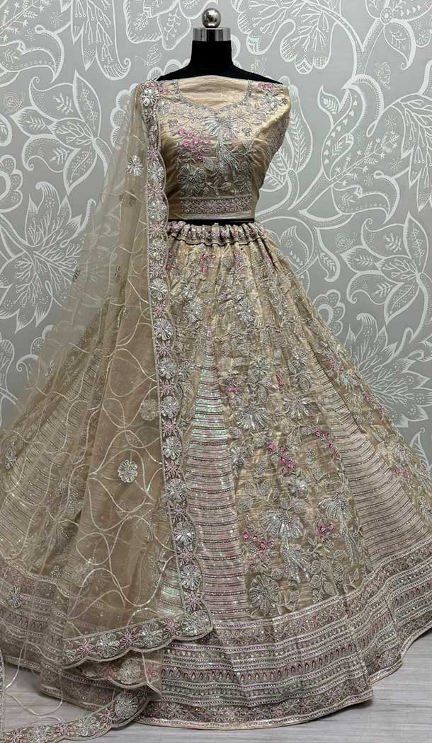 Gadwal Silk Thread Embroidered Wedding Lehenga Choli In Beige – 147731761