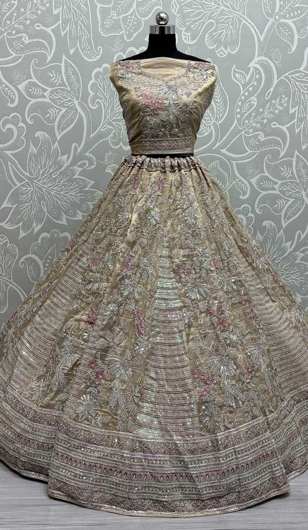 Gadwal Silk Thread Embroidered Wedding Lehenga Choli In Beige – 147731761