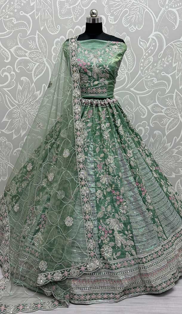 Gadwal Silk Thread Embroidered Wedding Lehenga Choli In Green – 147731762