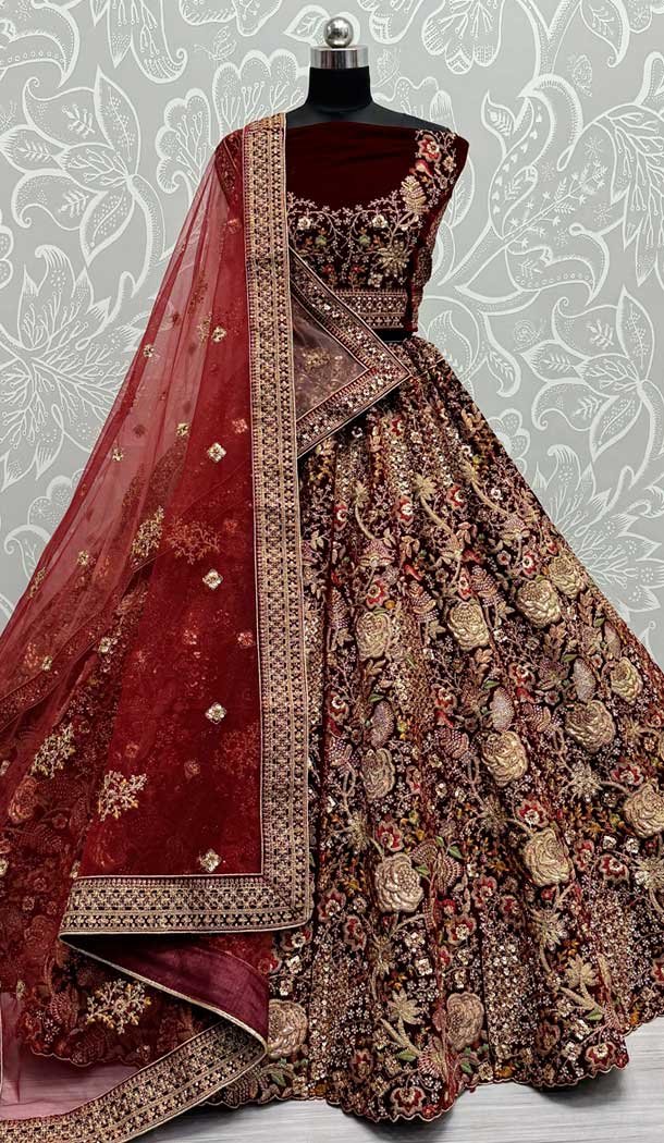 Maroon Velvet Thread Work Wedding Wear Designer Lehenga Choli – 147741764