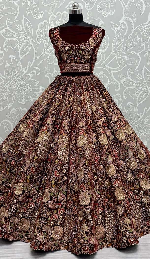 Maroon Velvet Thread Work Wedding Wear Designer Lehenga Choli – 147741764