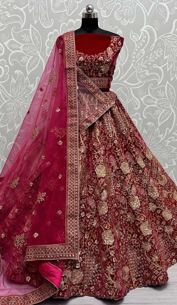 Pink Velvet Thread Work Wedding Wear Designer Lehenga Choli – 147741765