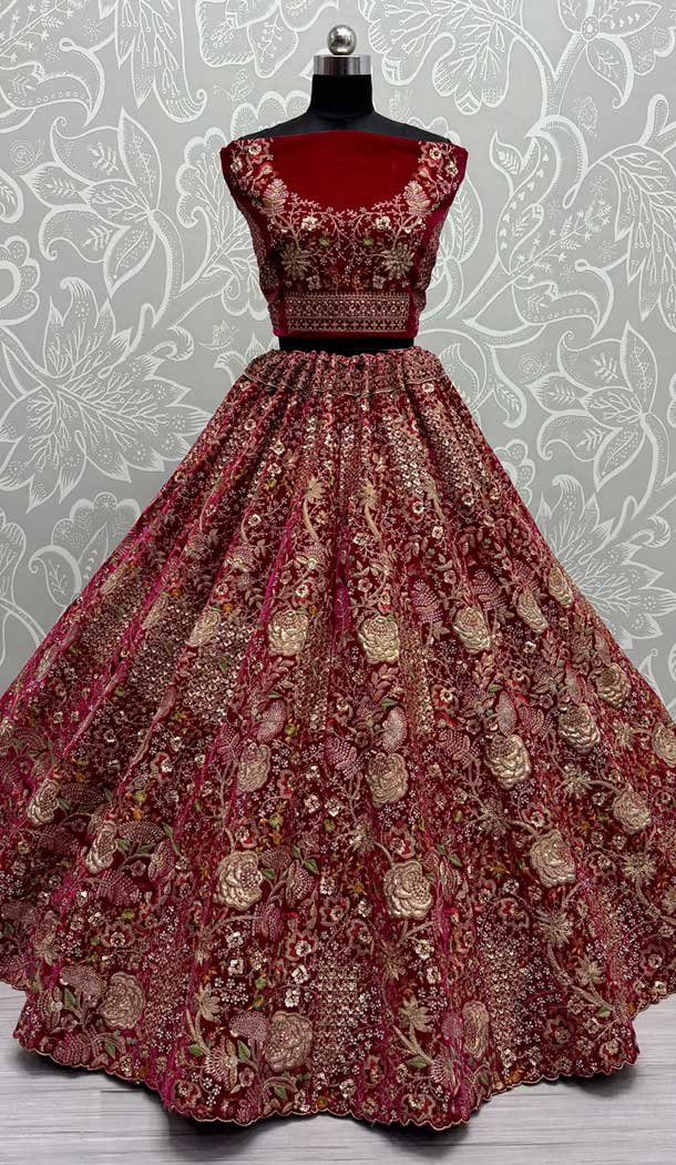 Pink Velvet Thread Work Wedding Wear Designer Lehenga Choli – 147741765