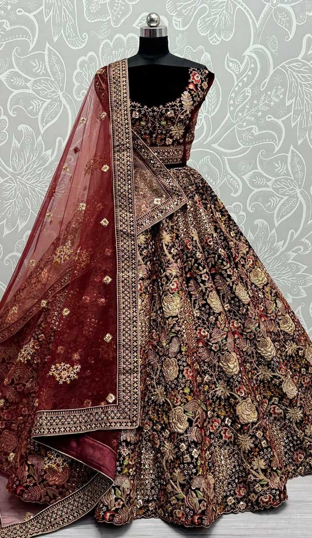 Black Velvet Thread Work Wedding Wear Designer Lehenga Choli – 147741766