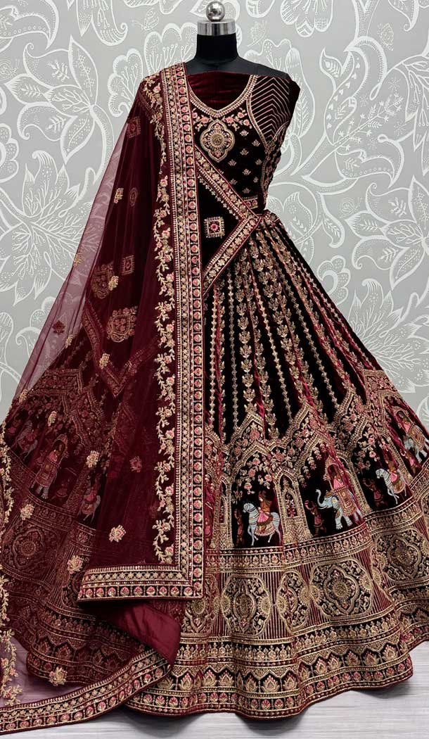 Velvet Thread Work Wedding Wear Designer Lehenga Choli In Maroon – 147741767