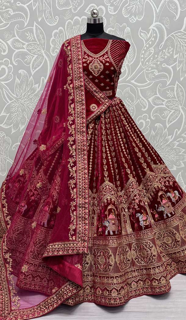 Pink Velvet Thread Work Wedding Wear Designer Lehenga Choli – 147741768