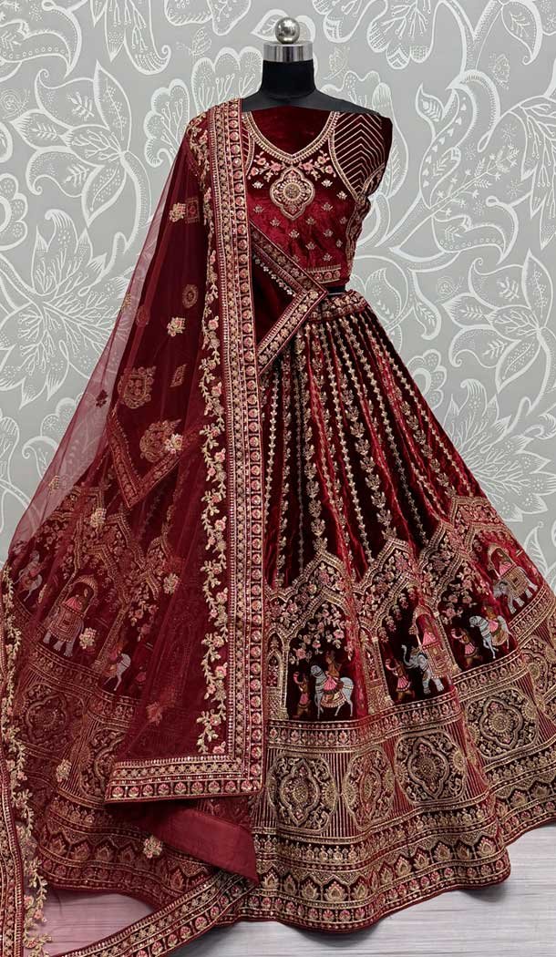 Velvet Maroon Thread Work Wedding Wear Designer Lehenga Choli – 147741769