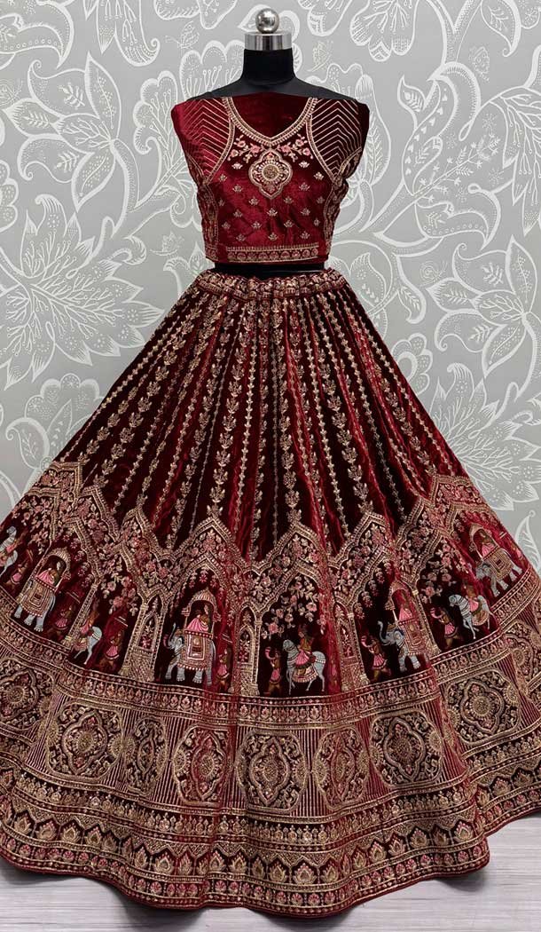 Velvet Maroon Thread Work Wedding Wear Designer Lehenga Choli – 147741769