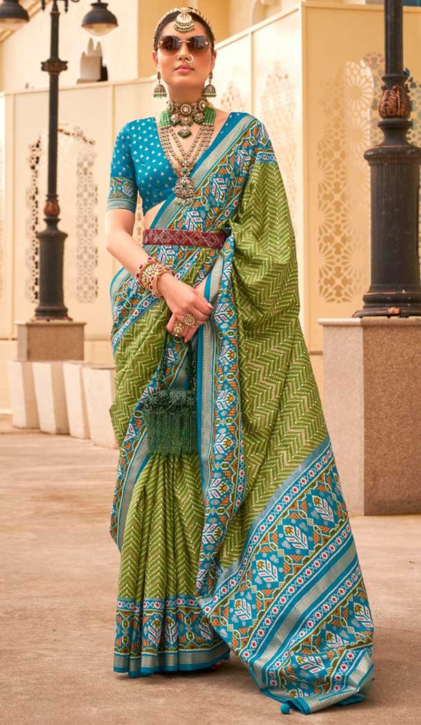 Mahendi Green Silk Patola Printed Traditional Party Wear Saree – 147871858