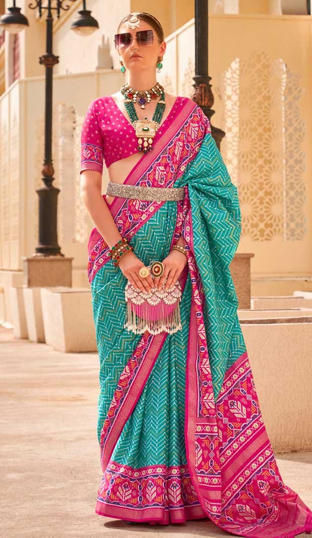 Sea Green Silk Patola Printed Traditional Party Wear Saree – 147871859