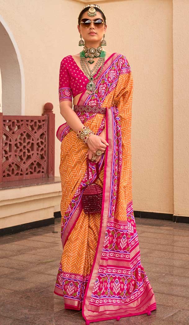 Orange Silk Patola Printed Traditional Party Wear Saree – 147871860