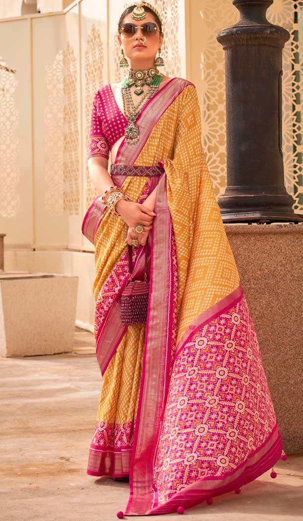 Yellow Silk Patola Printed Traditional Party Wear Saree – 147871866