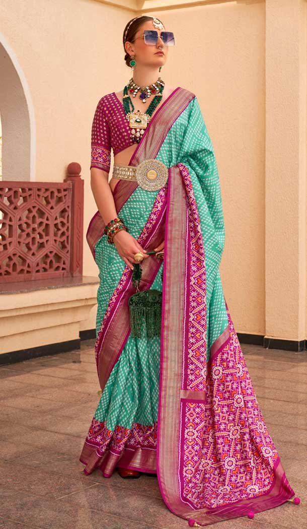 Silk Patola Printed Traditional Party Wear Saree In Sea Green  – 147871867