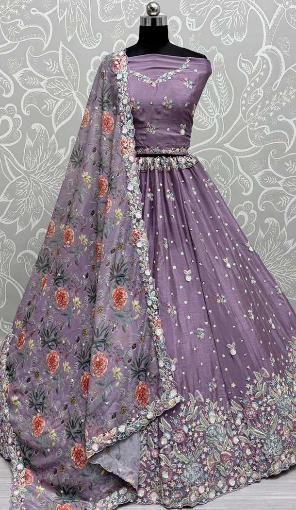 Purple Chinon Embroidered Designer Wedding Lehenga Choli – 147961915