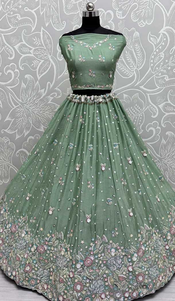 Pista Green Chinon Embroidered Designer Wedding Lehenga Choli – 147961917