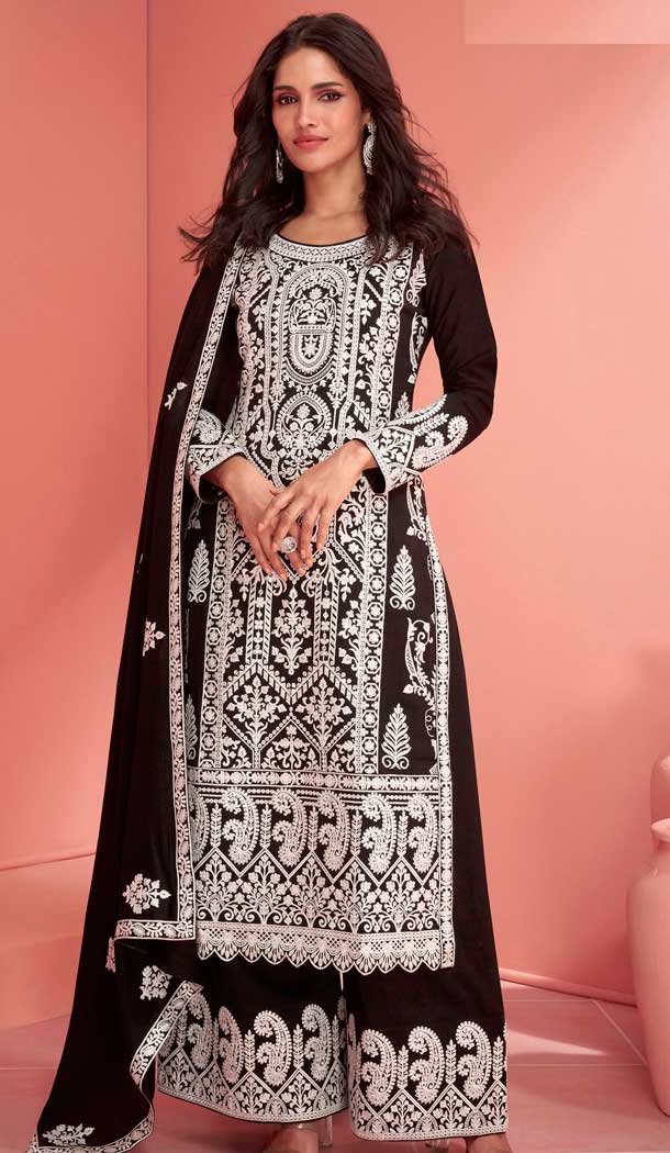 Black Georgette Embroidered Pakistani Palazzo Salwar Kameez – 9674188776