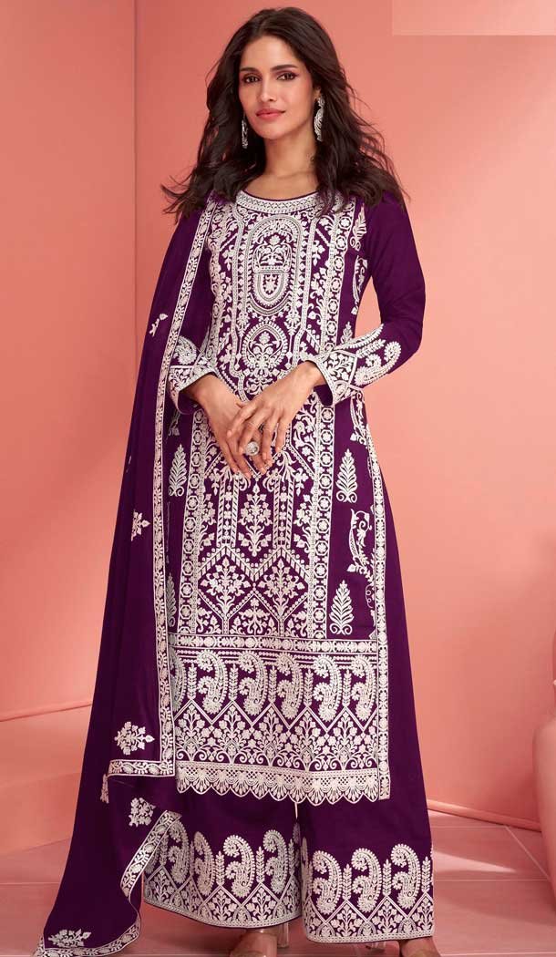 Purple Georgette Embroidered Pakistani Palazzo Salwar Kameez – 9674188777