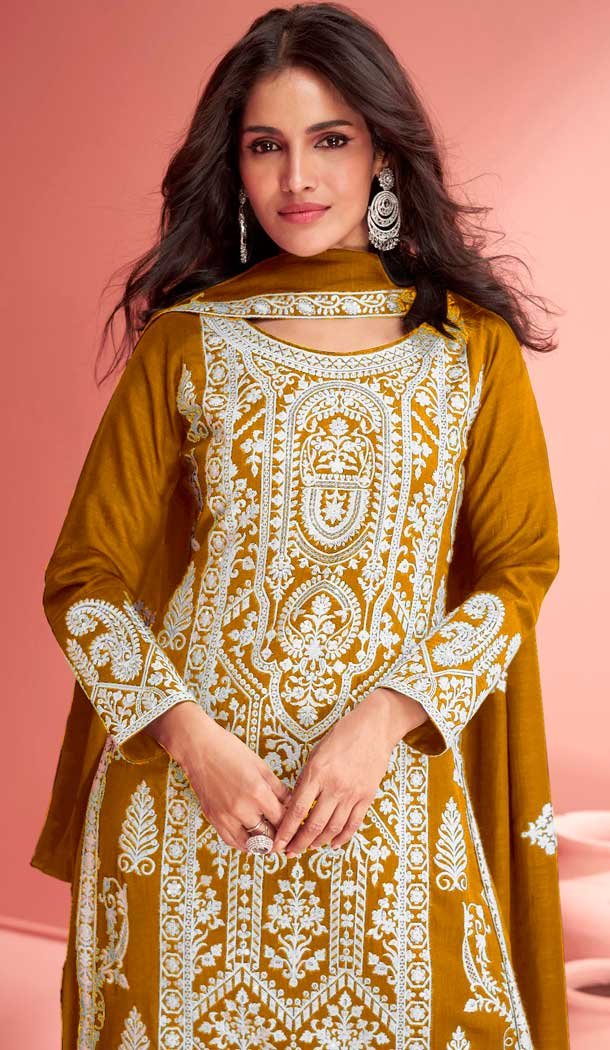 Mustard Georgette Embroidered Pakistani Palazzo Salwar Kameez – 9674188778