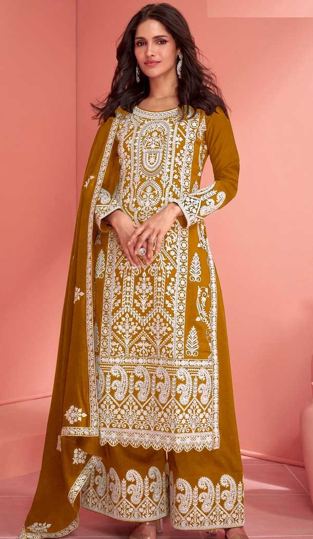 Mustard Georgette Embroidered Pakistani Palazzo Salwar Kameez – 9674188778