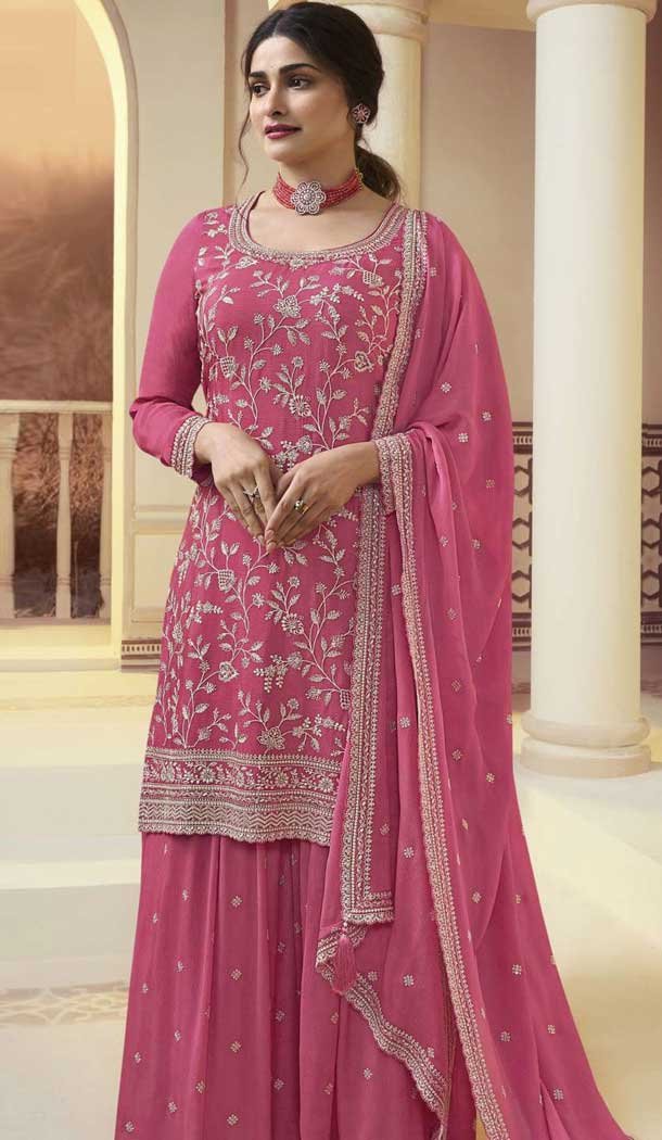 Pink Chinon Embroidered Prachi Desai Sharara Suit – 9676188786