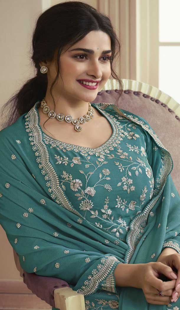 Sky Blue Color Chinon Embroidered Prachi Desai Sharara Suit – 9676188787