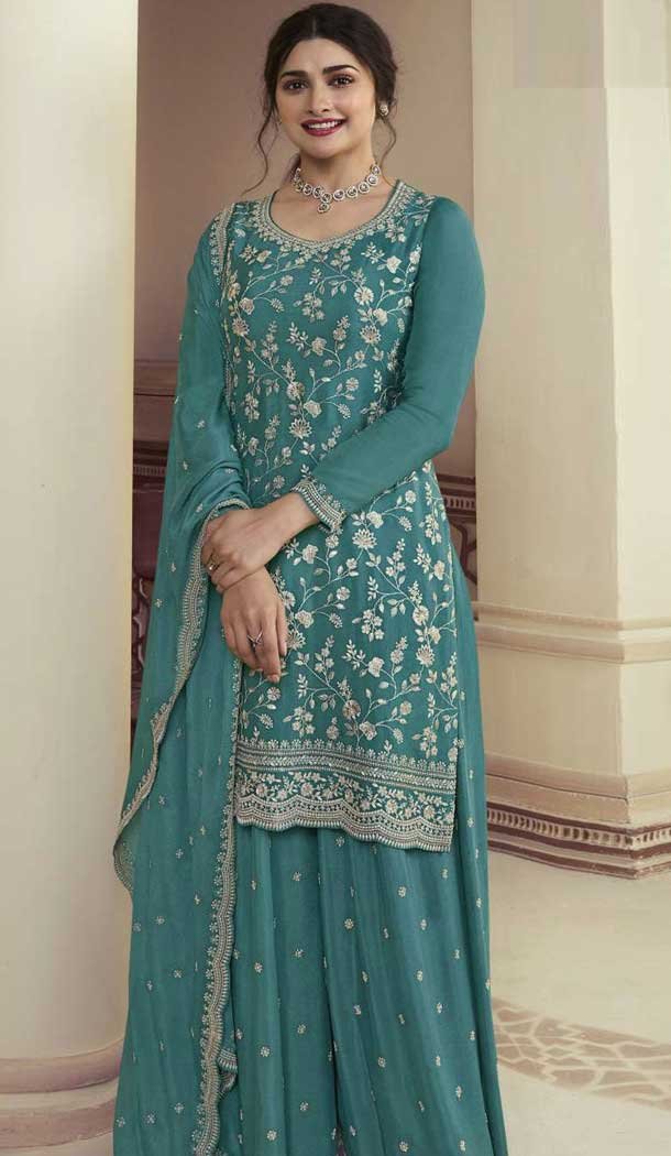 Sky Blue Color Chinon Embroidered Prachi Desai Sharara Suit – 9676188787