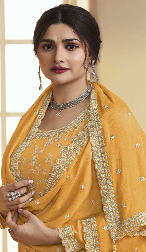 Yellow Chinon Embroidered Prachi Desai Sharara Suit – 9676188788