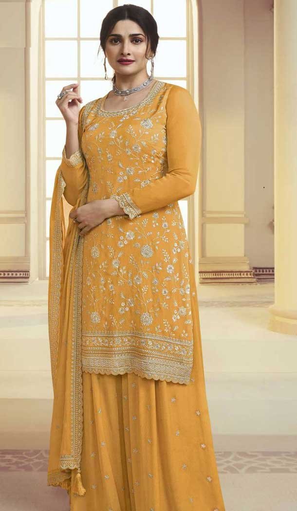 Yellow Chinon Embroidered Prachi Desai Sharara Suit – 9676188788