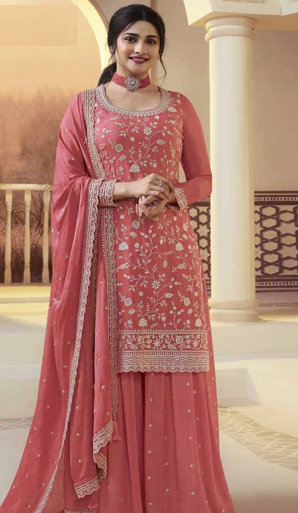 Orange Chinon Embroidered Prachi Desai Sharara Suit – 9676188789