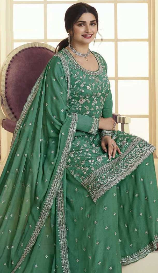 Green Chinon Embroidered Prachi Desai Sharara Suit – 9676188790