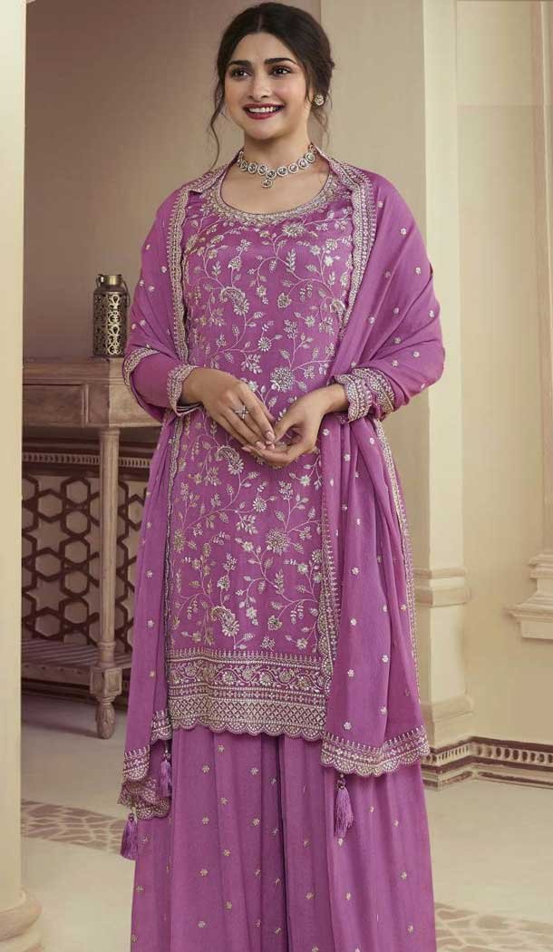 Purple Chinon Embroidered Prachi Desai Sharara Suit – 9676188791