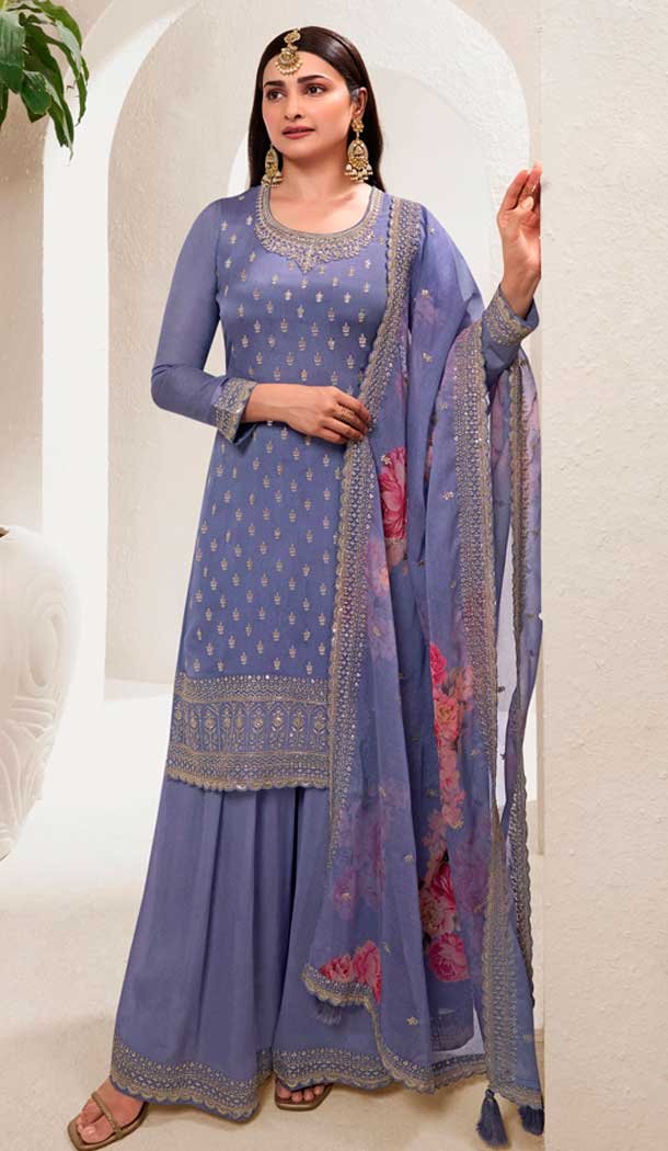 Violet Chinon Embroidered Party Wear Prachi Desai Sharara Suit – 9686188859