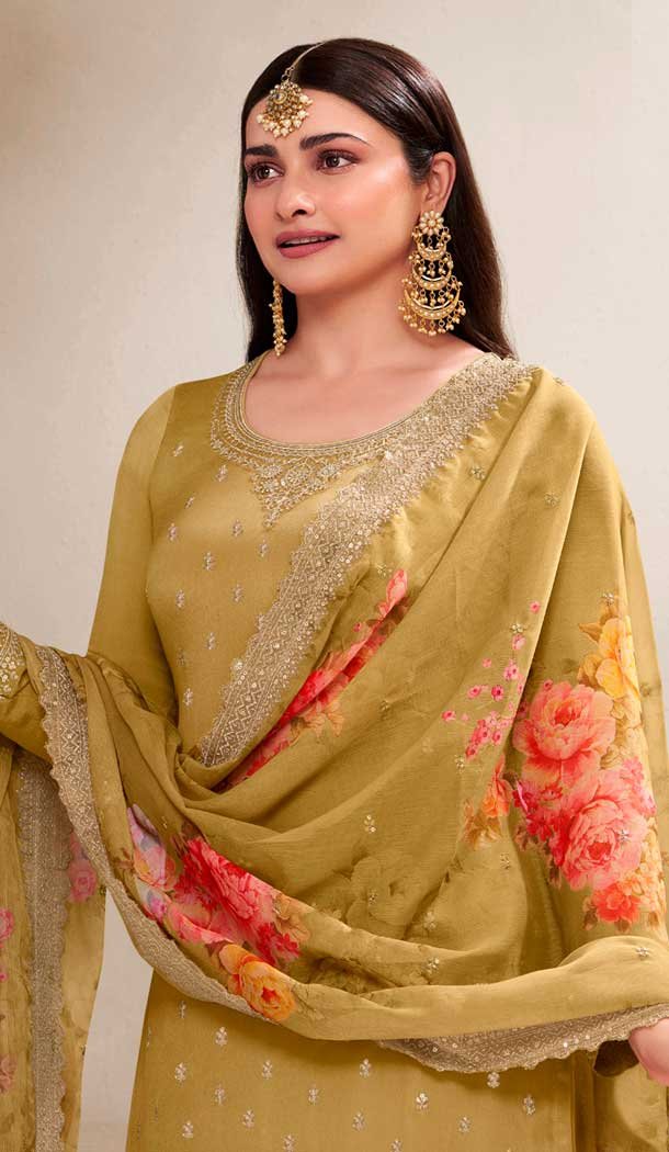 Mustard Chinon Embroidered Party Wear Prachi Desai Sharara Suit – 9686188860