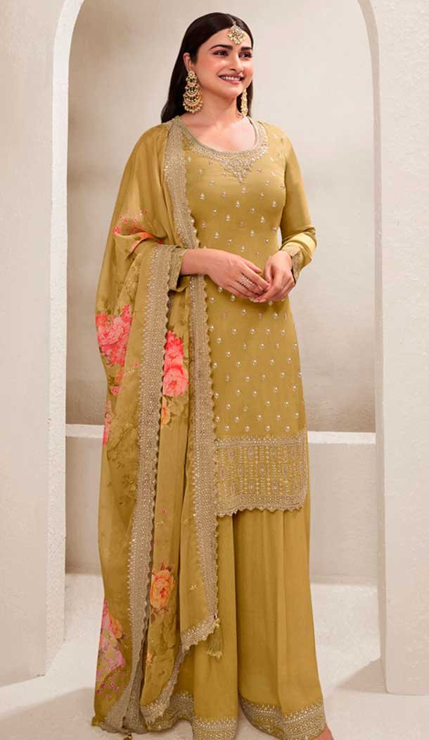 Mustard Chinon Embroidered Party Wear Prachi Desai Sharara Suit – 9686188860