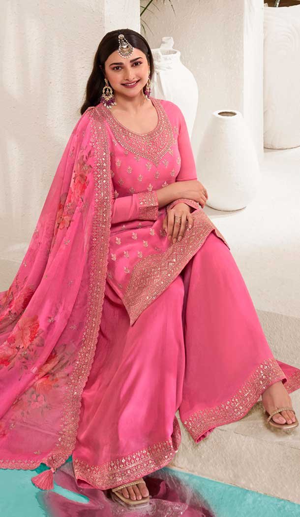 Pink Chinon Embroidered Party Wear Prachi Desai Sharara Suit – 9686188861