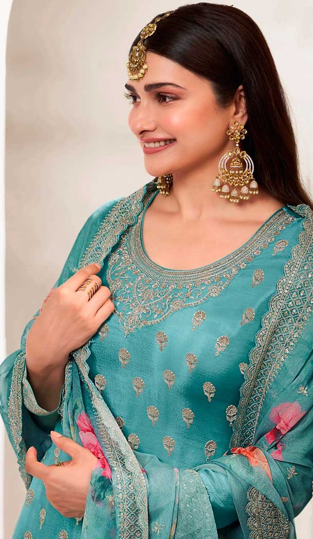 Sky Blue Chinon Embroidered Party Wear Prachi Desai Sharara Suit – 9686188862